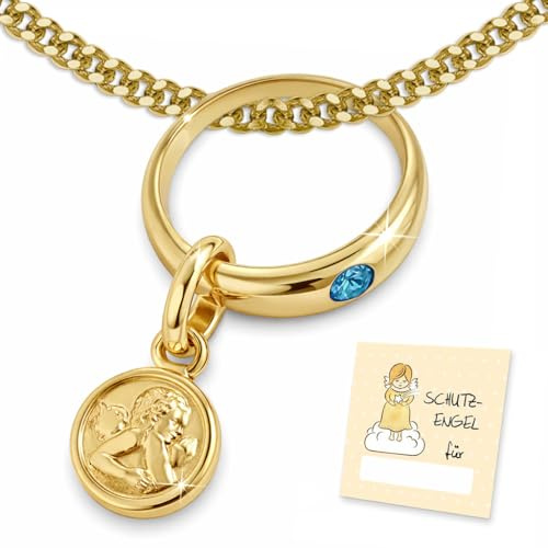 CLEVER SCHMUCK Taufkette Gold mit Schutzengel Taufring hellblau mit Panzerkette 36 cm Sterling Silber vergoldet 925 im Etui Taufe
