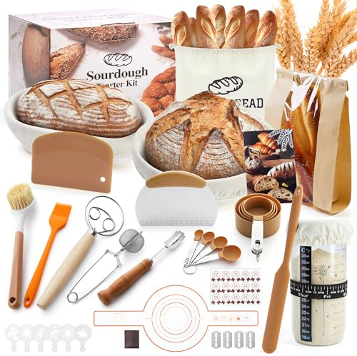 VIcus Sauerteig Starter Set, Gärkörbchen Rund & Oval, Brotbackzubehör Für Sauerteigbrot, Komplettes Brotbackset Zum Brot Backen Für Anfänger Und Bäcker, Braun