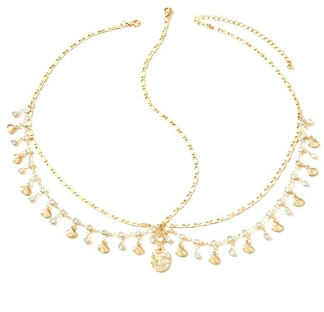 hankousi Cadena de cabeza bohemia dorada con diamantes de imitación y perlas, accesorio para el pelo de lentejuelas brillantes, 1 pieza de tocado de festival, perfecto para fiestas, bodas y disfraces