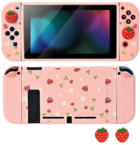 DLseego Coque de Protection pour Switch,Silicone Souple Fraise Switch Housse Amovible Anti-Rayures et Antichocs avec 2 Poignées Cover et 2 Poignées de Pouce,Petite Fraise