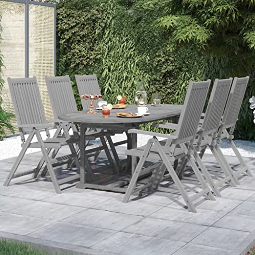 sephironlbb 7-TLG. Garten-Essgruppe Massivholz Akazie Grau mit Ausziehtisch und 6 Klappstühlen, witterungsbeständig, platzsparend, ideal für Balkon Terrasse Outdoor Essgruppe und Lounge Garnitur