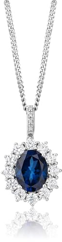 MIORE Schmuck, Halskette Damen Silber 925, Diamant Saphir Kette, Edelstein Kette mit Saphir Stein umgeben von Brillanten und Zirkonia, Kettenanhänger Silber, Silberkette Damen, Gebursstein Kette Damen