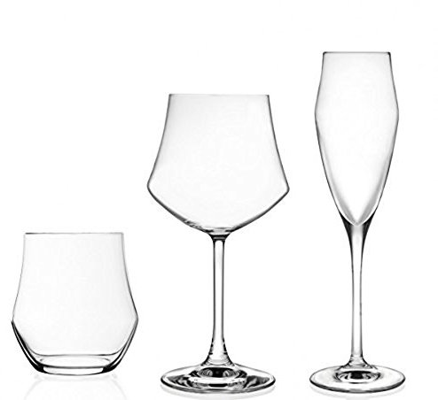 Set 18 Pezzi (6 Flute - 6 Bicchieri Acqua - 6 CALICI Vino) Cristallo Trasparenti Rcr Ego Made in Italy