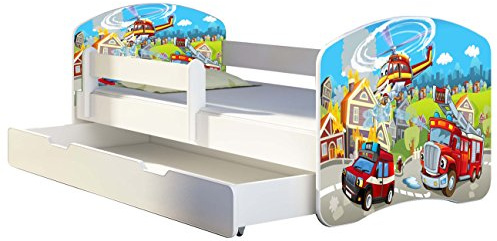 ACMA Kinderbett Jugendbett mit Einer Schublade und Matratze Weiß II 140 160 180 40 Design (160x80 cm + Bettkasten, 36 Feuerwehr)