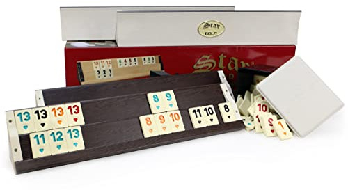 Original Star Gold Rummy/Okey Set – Holz-Plastik mit Melamin Spielsteinen | 104 Steine + 2 Joker, 4 Aufsteller & Würfel | Okey Takimi Dunkel, rutschfeste Matt-Steine für Familie & Freunde