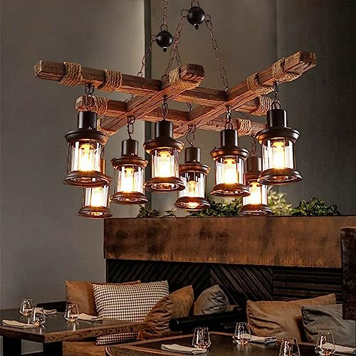 Retro Pendelleuchte Industrielle deckenlampe steampunk Holzlampen Deckenleuchte Industrial Vintage 8 Lichter,Loft Bar Esszimmer Landhaus Kronleuchter Antik Metall Glas Holz Dekorativer Hängelamp