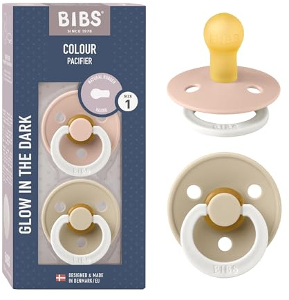 BIBS Colour Glow Schnuller 2er-Pack, BPA-frei. Leuchtet im Dunkeln, Kirschform Nippel. Naturkautschuk/Latex, Hergestellt in Dänemark. Größe 1 | 0+ Monate | 2-Pack, Blush NIGHT/Vanilla NIGHT | Runder Sauger | Naturkautschuklatex | Größe 1 | BPA-frei | Hergestellt in Dänemark | Leuchtring | Hohe Akzeptanz | Luftlöcher