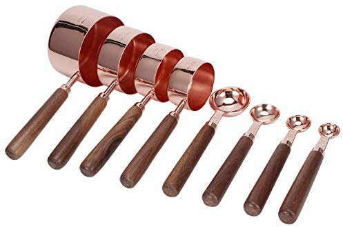 Stainless Steel Measuring Spoon, 8pcs Rose Gold Measuring Spoon Set, Coffee Spoon Black Walnut Handle with Scale Measuring Spoon Measuring Cup Baking Seasoning Spoon with Wooden Handle Kitchen Baking