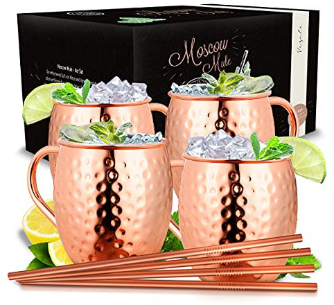 Vezato Verre Moskau Mule [500ml] - en cuivre avec pailles - Fait Main [4 pièces] - Inoxydable