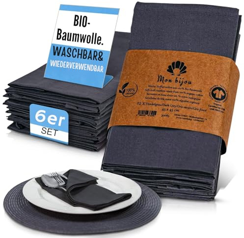 mon bijou® Stoffservietten 6er Set Anthrazit – GOTS Bio-Baumwolle – 45x45 cm – Waschbare Servietten Stoff für Küche, Gäste, Alltag & Dinner – Nachhaltige Tischdeko Dunkelgrau