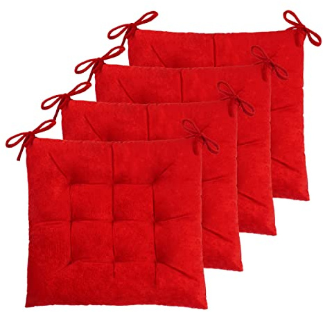 ELFJOY Set of 4 Square Chair Pads Indoor Seat Cushions Pillows with Ties Thick Soft Seat Cushion for Kitchen Dining Office Chair (18, Red)