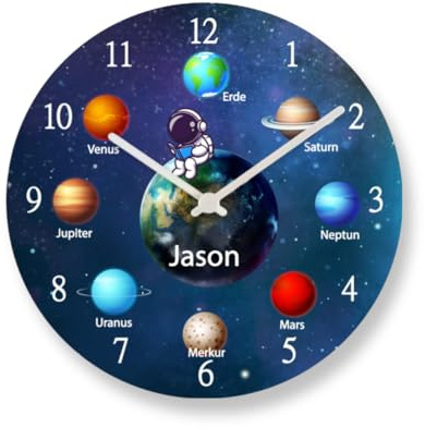 Faramosa Kinderwanduhr Planeten Astronaut Universum Lernuhr Wanduhr personalisiert Namen Schulanfang Weltall