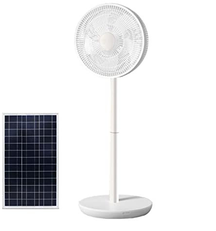 QCLUEU Ventilador de Pedestal Solar con Control Remoto, Ventilador de pie Recargable con batería de 5000 mAh, 3 velocidades, Ventilador de Piso de oscilación silenciosa para Exteriores e Interiores