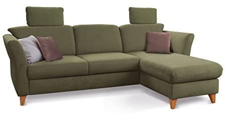 CAVADORE Schlafsofa Trend / Skandinavisches Ecksofa mit Federkern, Bettfunktion, Bettkasten im Longchair und 2 Kopfstützen / 249 x 86 x 162 / Cord, Olive