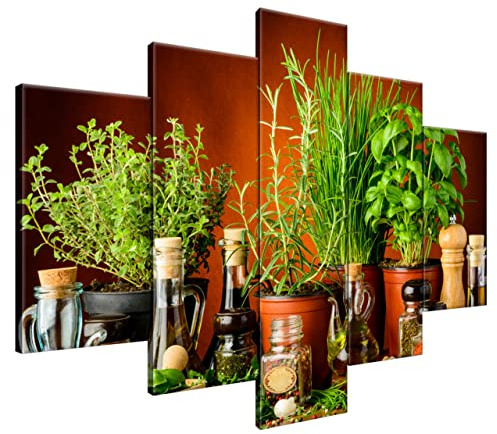 Estika Leinwand bilder - Olivenöl mit frischen Kräutern - 150x105 cm, 5 teilige kunstdruck - Wandbilder wohnzimmer, schlafzimmer, Moderne wanddeko, Bild auf leinwand - Küche bilder - 2054A_5H