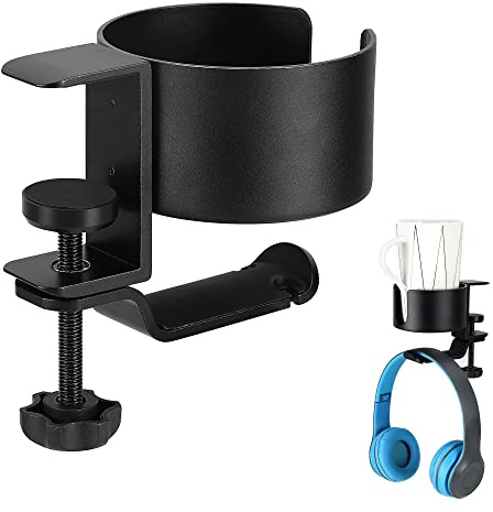 Everkeen 2 in 1 Desk Cup Holder with Headphone Hanger Holder, Anti-Spill Cup Holder-360° Rotation Aluminum Alloy Stand Hook Bearing Capacity 10kg/22lb Suitable for Coffee Mups,Water Cups,Bag,Headphone