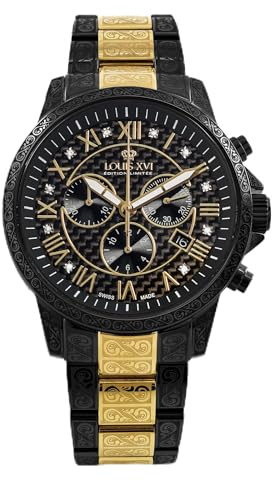 LOUIS XVI Palais Royale - Ø 43 mm - Montre pour homme - Étanche - Avec verre saphir - Or/argent/noir - Cadran noir - Mouvement à quartz suisse, Bicolore S/G, Bracelet