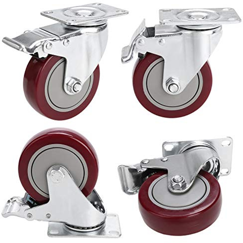 COOCHEER Lenkrollen mit Bremse, 400KG Tragfähigkeit, 4 Stück Schwerlastrollen 100mm, PVC, Rot, Schwenkrollen, Industrial Caster, Schwerlasttauglich mit Bremse, Drehgelenk