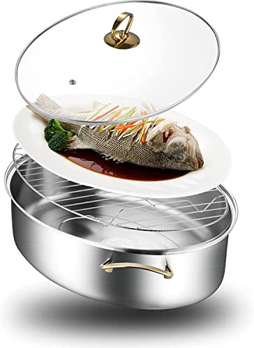 8Qt Oval Fish Steamer, 304 Stainless Steel Multi-Use Fish Steamer Pot with Rack, Ceramic Pan, Chuck, Stewpot Kitchen Cookware for Steaming Fish, Boiling Soup(Silver)
