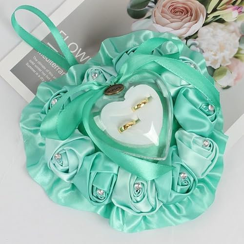 Hochzeit Ringkissen, Vintage Hochzeitsdeko Ehering-Kissen mit Satinband Schleife Ringhalter in Herzform Hochzeit deko Strass Ring Kissen Ringbox Kissen für Eheringe Verlobung Valentinstag-hellblau