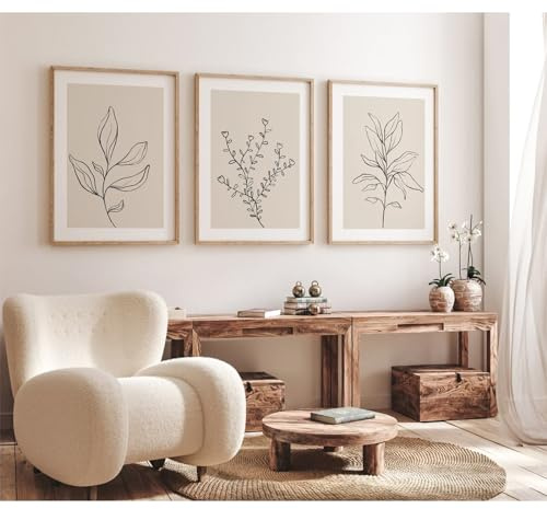Boho Beige Canvas Wall Art Set of 3 - Botanical Minimalist Prints for Bedroom - 16x24 Inch Unframed