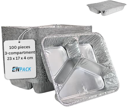 Enpack Aluschale R819-960G - 100 Stück Aluschalen Grill dreigeteilt mit Deckel - Wärmebehälter 960ml - Fettauffangschale, Food Container, kleine Auflaufform - feuerfeste Alu Grillschale