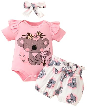 JiAmy Baby flickor kläder sommar, 3 st koala djur tryckta kortärmad bodysuit shorts med pannband nyfödda kläder set för 0-18 månader, Rosa 1, 6-9 Months
