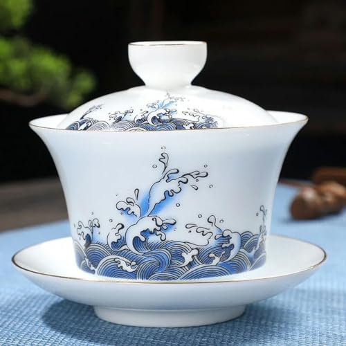YOGAYE 180 ml weißes Porzellan, handbemalt, Goldfarbene Teeterrine aus Ton, Gaiwan für Teeschale mit Deckel, Gaiwan-Tasse