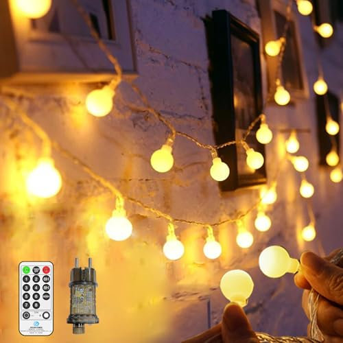 LYNNON 20m 120 LED Lichterkette Kugel Außen mit Stecker Warmweiß Dimmbar Lichterkette Outdoor Wasserdicht 8 Modi für Innen Zimmer Kinderzimmer Balkon Camping Zelt Party Hochzeit Weihnachtsbaum Deko