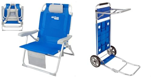 AKTIVE 62633 - Silla Playa Plegable y Reclinable 5 Posiciones, Silla Portátil 55x67,5x86cm & Carro de Playa Plegable Convertible en Mesa 2 en 1, Medidas 50x78.5x105 cm, Peso Máximo 30 kg