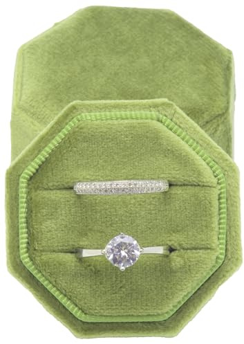 POKOFO Premium Samt-Ringträgerbox für Antrag, Verlobung, Hochzeitszeremonie, gleichseitiger achteckiger Vintage-Doppelringhalter mit abnehmbarem Deckel (Olivgrün)