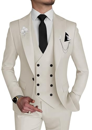 Wangyue 3 Piece Mens Suit Slim Fit Double Breasted Suit Formal Beige Suits for Men Wedding Groomsman,S