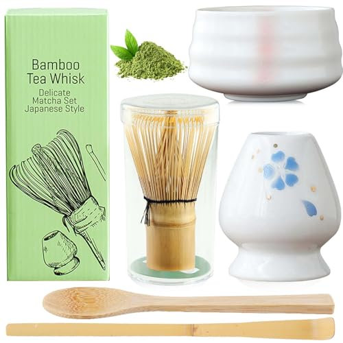 BAIFULAI Juego de 5 Matcha, juego de té matcha, juego de batidores Matcha, cuenco de cerámica, cucharilla, soporte para batidor, accesorio japonés para ceremonia matcha (blanco)