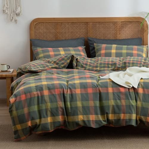 VM VOUGEMARKET Multicolor Plaid Duvet Cover Set Full Soft Washed Cotton Reversible Bedding Modern Cozy Grid Duvet Cover with 2 Pillowcases for Men Women-Orange/Grey/Green,80x90Inch