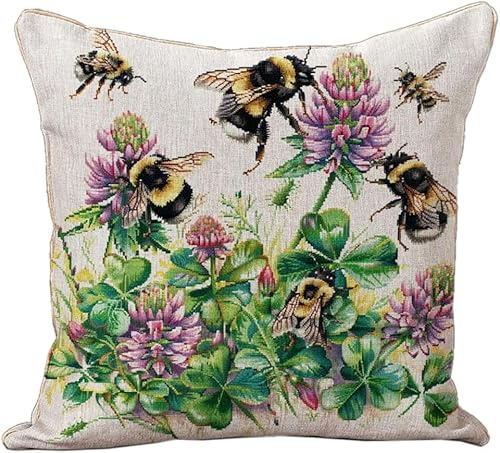 AxiangziK Kreuzstichkissen Set,Bienen auf Kleeblüten,Kissenbezug Zum Sticken Kreuzstich Stickkissen mit Muster,11CT Stickset Kreuzstich Kissen,18x18in