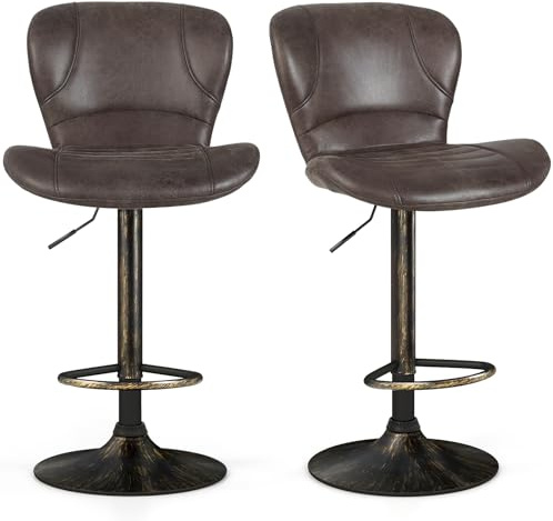 GIANTEX Set med 2 barstolar höjdjusterbar 61–81 cm, barstol 360° roterbar med fotstöd, diskpall, bistropall, snurrpall med ryggstöd, kökspall, sittpall vintage av PU, 150 kg lastbar