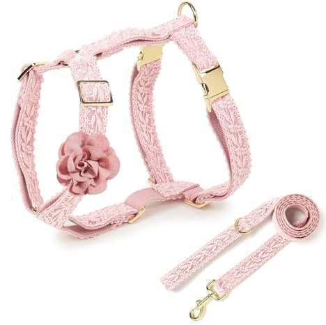 UOSIA Large Dog Harness and Leash Set, Adjustable No Pull Pet Halter Harness with Flower & Metal Buckle, Easy Control for Training Walking, Pink,S