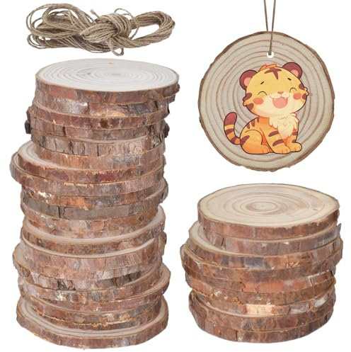 Marjoramy 30 Pezzi Fette di Legno Naturale, Dischetti Legno Grezzo Diametro 7-8cm, Dischi di Legnoo con Fori, Dischetti Forati, Fette Dischi Grezzo Rotondo con 10m Corda Luta per Artigianato