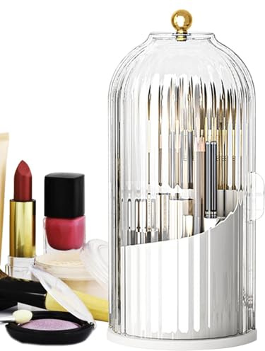 Porta pennelli da trucco con coperchio, supporto organizer girevole, contenitore trasparente per cosmetici, design antipolvere, accesso a 360°, dimensioni compatte, display elegante, per