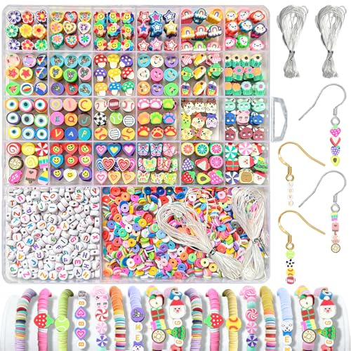 ReePlan 2300 Stück Perlen für Armbänder – Polymer Clay Perlen Set zum Auffädeln, 26-Fach Box & elastisches Band, für DIY Armband, Halskette, Handyanhänger & kreative Bastelprojekte