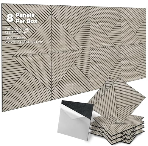 GreenClad 3D Peel and Stick Acoustic Wall Panels – 8 Pack Self-Adhesive Wood Pattern Soundproof Panels 23.6” x 23.6” for Interior Wall Decor, Bedroom, Living Room, Office (White Maple)