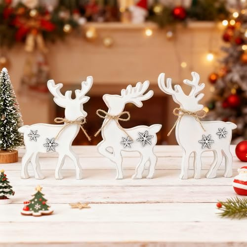 Weihnachtsdeko Hirsch 3 Stück Weiß Holz Weihnachtsdeko Hirsch Deko Weihnachten Rentier Deko Tischdeko Weihnachten Tischdekoration für Home Regal Mantel Kamin Tisch Fensterbank Party Dekor