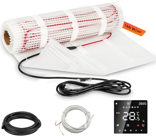 Chauffage au sol électrique 160 W/m², 6 m x 0,5 m (3,0 m²), pour carrelage, stratifié, vinyle et pierre naturelle, kit complet avec thermostat, conducteur chauffant en aluminium et câble de 2,5 m