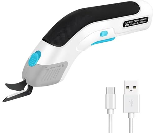 VOBOR Ciseaux Electrique Tissu Couture, Sans Fil USB Rechargeable, Têtes de Coupe en Acier Tungstène, 2000 Mah Lithium Batterie, Cutter pour Papier Carton Moquette Cuir Feutre