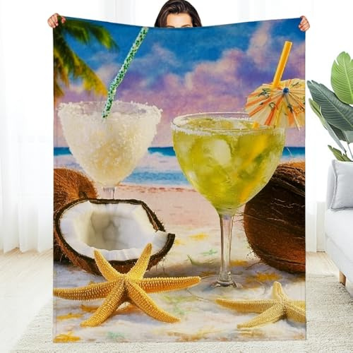 Anceky Couverture légère en Flanelle, Motif Verres à Cocktail, étoile de mer et Noix de Coco, Douce et Chaude, Toutes Saisons, Polyvalente, pour canapé, Voyage, Camping, lit, 40 x 50 Pouces