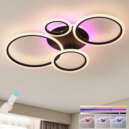 ZAITINZ Rund svart LED-taklampa 50 W, 3 000 lm, dimbar modern vardagsrumskrona med fjärrkontroll, 4 ringar design och RGB 3 000-6 000 K för kök, sovrum, 82 x 55 cm
