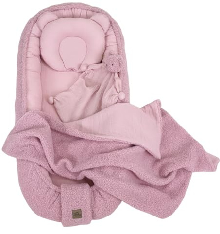 WIKLINOPOL Ensemble Babynest Rose – Baby Nest pour nouveau-né, nid & cocon avec coussin Teddy, couverture & doudou – Équipement bébé respirant en mousseline & peluche Teddy