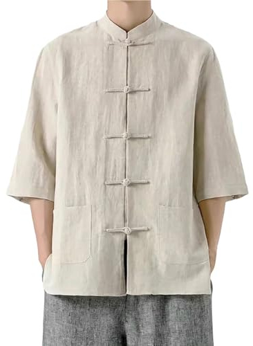 Camiseta de Kung Fu para hombres de algodón y lino - Estilo tradicional chino de traje Tang, chaqueta de manga larga, adecuada para Tai Chi y ocasiones culturales, caqui, 5XL