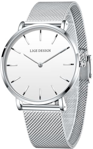 LIGE Uhr Damen Ultradünn Quarz Edelstahl-Meshband | LIGE Armbanduhr Damen, Ultradünn Großes Zifferblatt, Edelstahl Wasserdicht, Damenuhr Fur Klassischen Modischen Stil