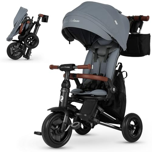 QPlay Carrito Evolutivo Nova Deluxe, con Asiento Giratorio, Plegado Compacto, Capota Ajustable, Cuero Hecho a Mano, Reposapiés y Frenos - Para Niños de 10 a 36 Meses (Gris)